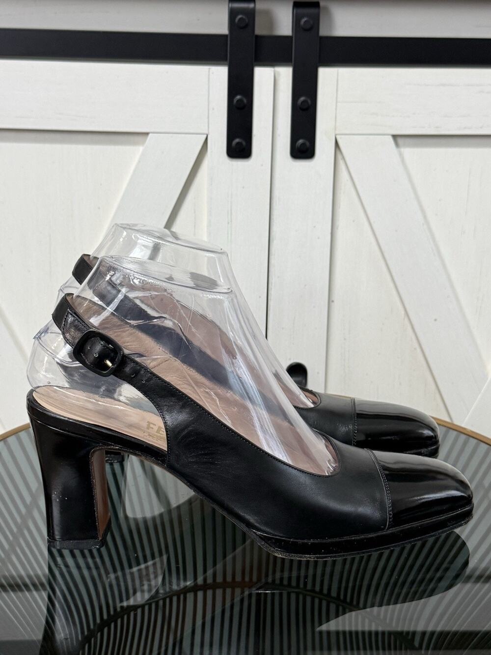 Vintage Salvatore Ferragamo Black Leather Slingback Heels Size 8 AA Extra Narrow